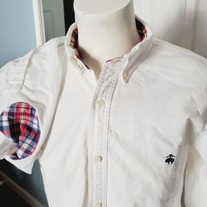 Brookes Brothers White oxford button down with plad elbow patches, Large